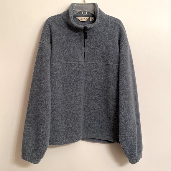 EDDIE BAUER Mens Pullover 1/4 Zipper Sherpa Pockets Blue Size Large POLAR - Picture 1 of 13